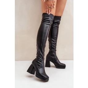 Přiléhavé kozačky nad kolena na podpatku tmavě hnědé Sanniraen