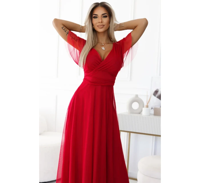 Dlouhé šaty s výstřihem a krátkými rukávy model 21138313 - numoco basic Dlouhé šaty s výstřihem a krátkými rukávy model 21138313 - numoco basic