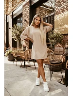 model 22155670 Bavlněné volné oversize šaty s krátkými rukávy béžové - numoco basic