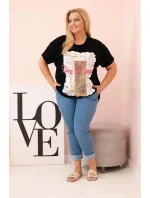 Dámská bavlněná halenka Plus Size s potiskem „Day Dream“ černá + camel