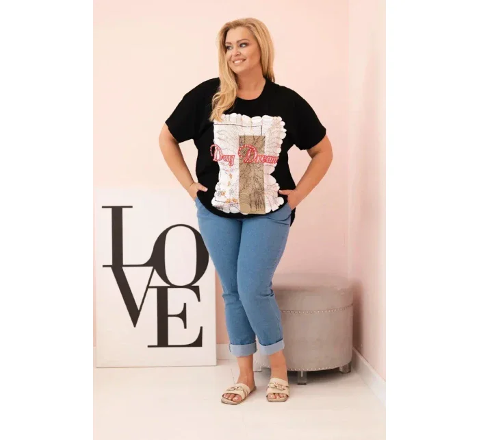 Dámská bavlněná halenka Plus Size s potiskem „Day Dream“ černá + camel