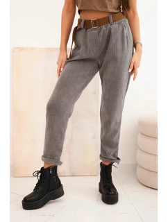 Dámské kalhoty s páskem v pruhy tmavě šedé