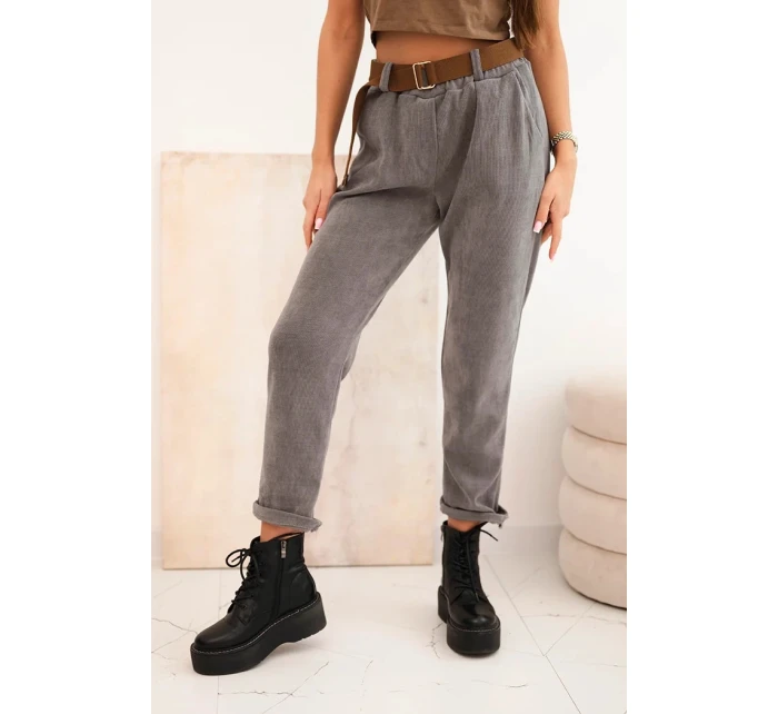 Dámské kalhoty s páskem v pruhy tmavě šedé