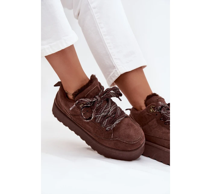 Šněrovací Zimní Boty Ženy Na Platformě Vyteplené Kožešinou Hnědé Tavelle