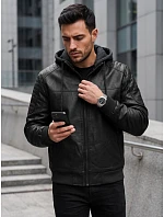 Pánská kožená zateplená bunda s kapucí, černá, FashionStreet TX5141 Pánská kožená zateplená bunda s kapucí, černá, FashionStreet TX5141