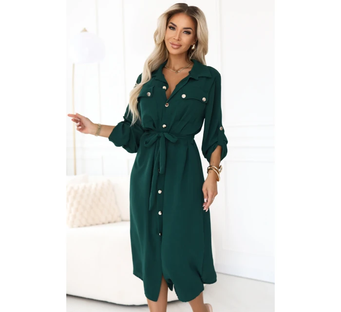 model 21402432 Midi košilka se zlatými knoflíky a vázáním zelená - numoco basic