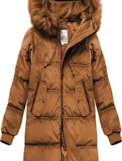 Dámská zimní manšestrová bunda v karamelové barvě s kapucí (7763)