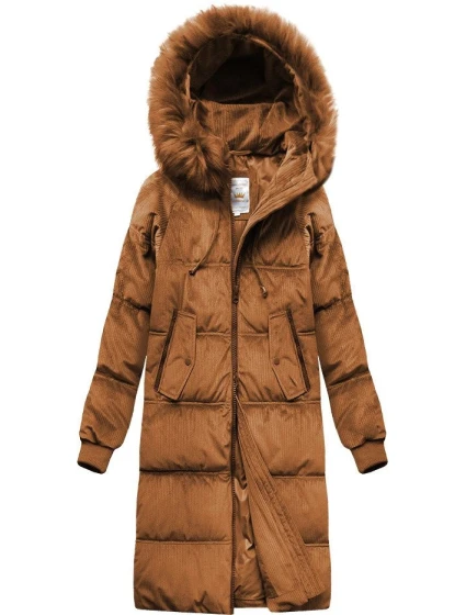 Dámská zimní manšestrová bunda v karamelové barvě s kapucí (7763)