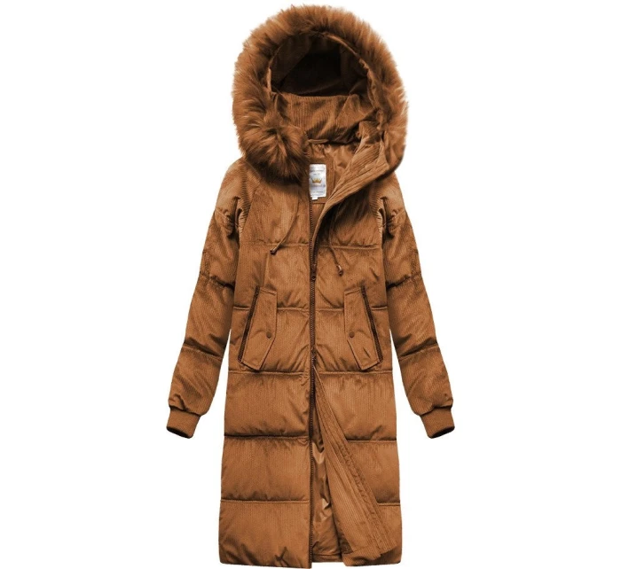 Dámská zimní manšestrová bunda v karamelové barvě s kapucí (7763)