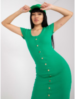 Tmavě zelené žebrované vypasované šaty s knoflíky RUE PARIS