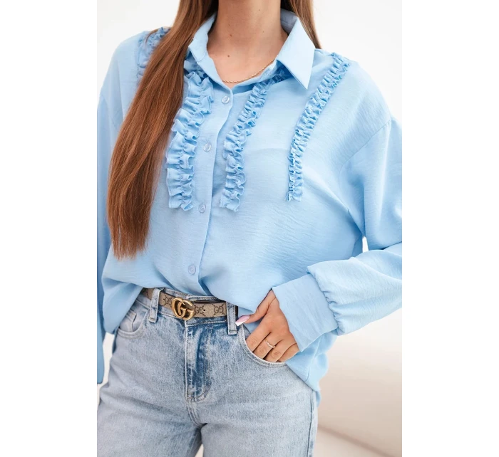 Dámská viskózová košile s dlouhým rukávem a volánky modrá Dámská viskózová košile s dlouhým rukávem a volánky modrá