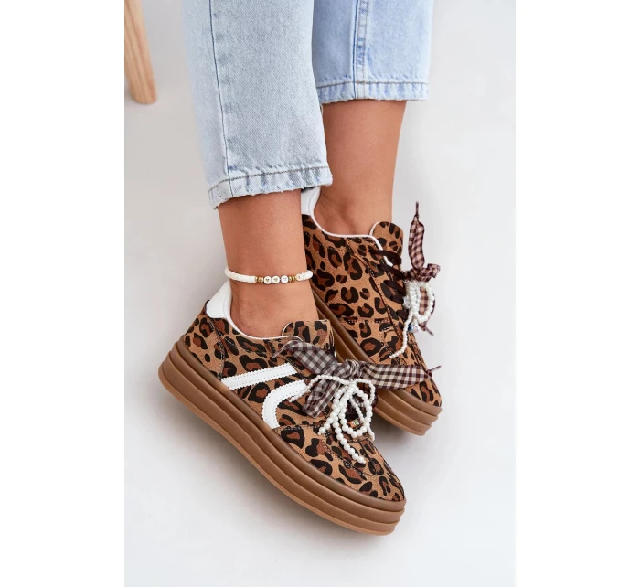 Dámské tenisky s panterím vzorem na platformě s ozdobami – hnědé Vinness Dámské tenisky s panterím vzorem na platformě s ozdobami – hnědé Vinness
