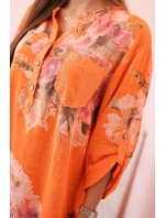 Dámská blůza z bavlny s květinovým vzorem a knoflíky - oranžová