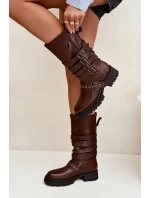 Zateplené dámské kozačky s pásky a přezkami hnědé model 21710891 - Boto