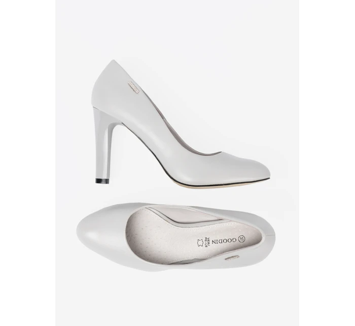 Luxusní šedo-stříbrné  lodičky dámské na širokém podpatku