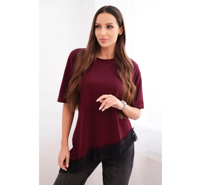 Dámská asymetrická bavlněná blůza s krajkou dole bordová Dámská asymetrická bavlněná blůza s krajkou dole bordová