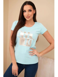 Dámské bavlněné tričko s potiskem model 22014267 mentolová - K-Fashion