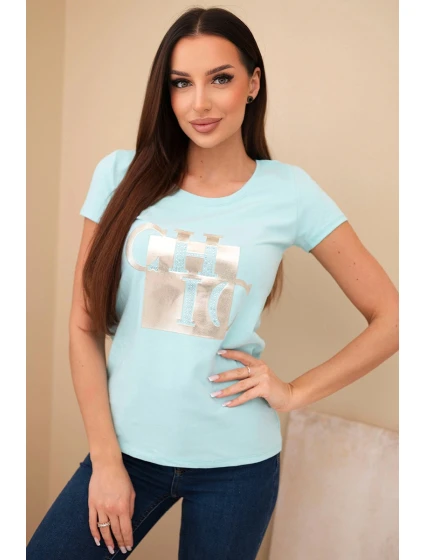 Dámské bavlněné tričko s potiskem model 22014267 mentolová - K-Fashion