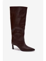 Dámské kozačky nazouvací na jehlovém podpatku s prošitím čokoládové Olyvia