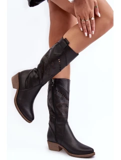 Kožené kozačky s mřížkovým vzorem černé Sierra