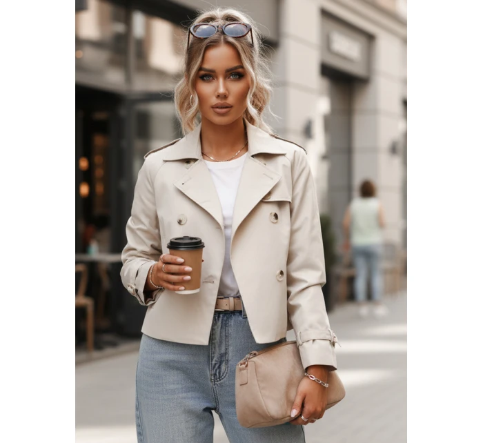 Trencz damski krótki elegancki klasyczny krój jasnobeżowy FashionStreet NY0772