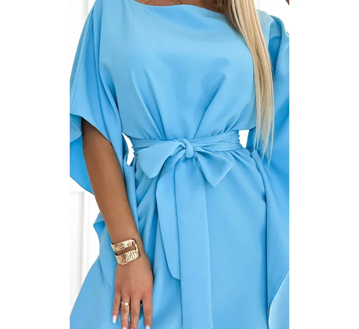 287-26 SOFIA Motýlí šaty se zavazováním v pase - MODRÉ