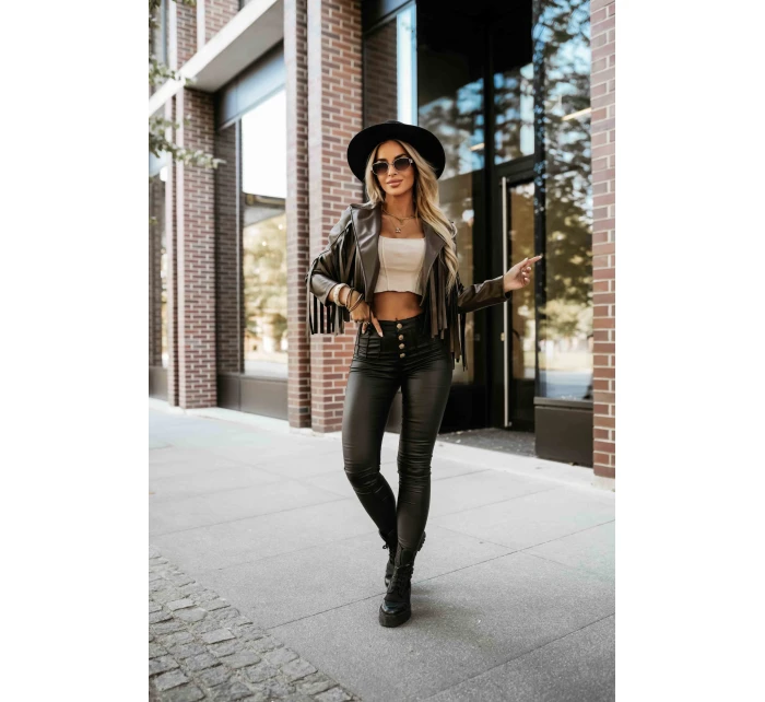 model 21371205 Krátká bunda s třásněmi z měkké ekokůže čokoládová - numoco basic