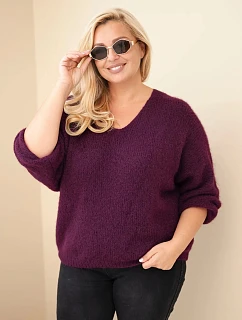 Dámský svetr Plus Size s výstřihem do V a širokým rukávem fialová tmavá