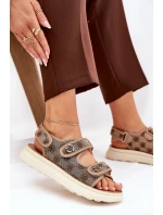 Dámské Vzorované Textilní Sandály Se Zlatými Detaily Khaki Pefese Dámské Vzorované Textilní Sandály Se Zlatými Detaily Khaki Pefese