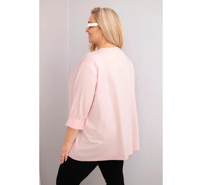 Dámská blůza plus size s bavlnou a dlouhým rukávem a nařasením pudrově růžová