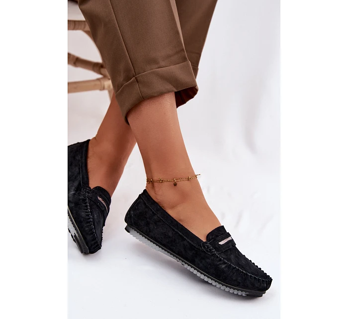 Dámské ploché mokasíny z přírodního semiše LR61-7029 Černé Dámské ploché mokasíny z přírodního semiše LR61-7029 Černé