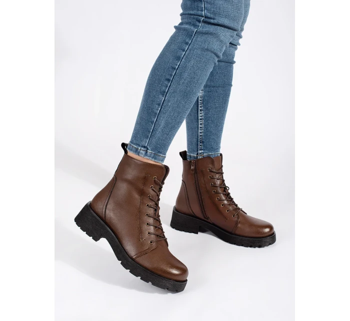 Pěkné  kotníčkové boty dámské Ciemnobrązowy platforma