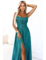 589-3 Dlouhé šaty s jemným třpytem a korzetovým zavazováním na zádech - zelené se třpytkami