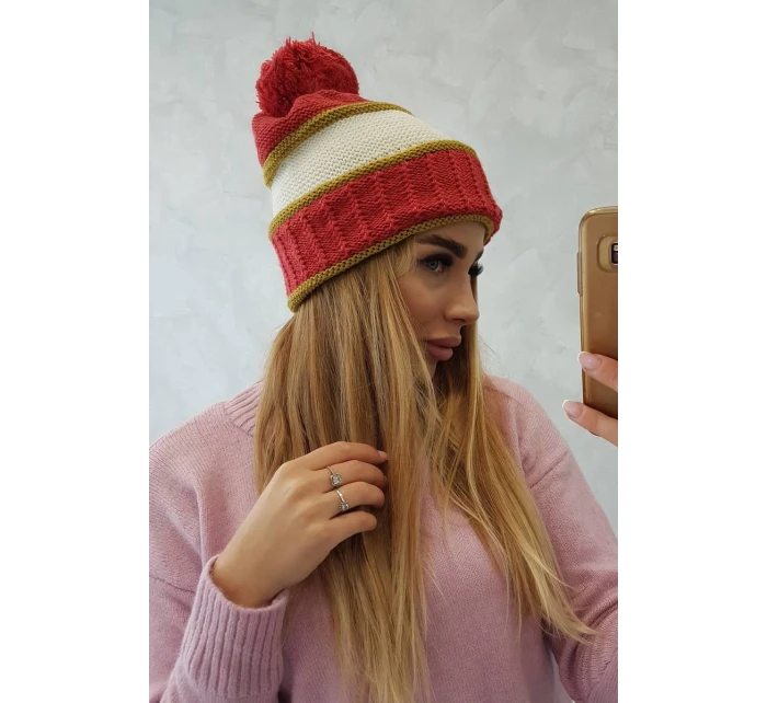 Dámská čepice Kinga K297 rudá+světlá khaki+ecru Dámská čepice Kinga K297 rudá+světlá khaki+ecru