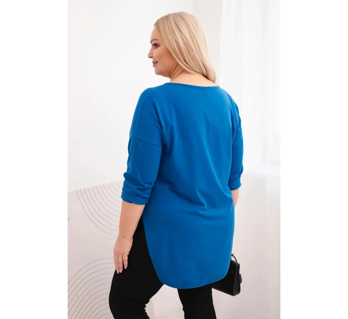 Dámská bavlněná blůza Plus Size s V výstřihem a ohrnutým rukávem chabrová