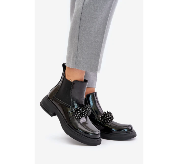 Kožené Lakované Botky S Dekorací Nazouvací Zateplené Černé model 21675534 - EVENTO