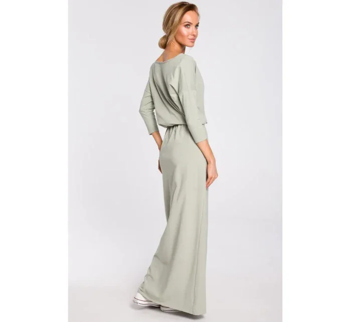 M435 Maxi bavlněné šaty s páskem na zavazování - pistáciová barva