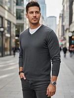 Pánský světle šedý svetr s výstřihem FashionStreet WX2316