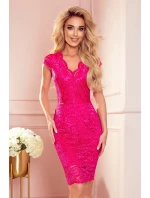 Dámské krajkové šaty v malinové barvě s krátkými rukávy a dekoltem 316-8 Dámské krajkové šaty v malinové barvě s krátkými rukávy a dekoltem 316-8