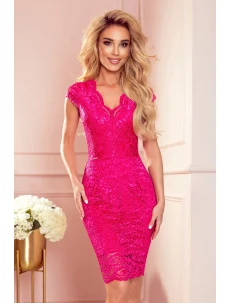 Dámské krajkové šaty v malinové barvě s krátkými rukávy a dekoltem 316-8