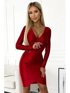 477-2 Saténové šaty s obálkovým výstřihem a dlouhými rukávy - ČERVENÉ
