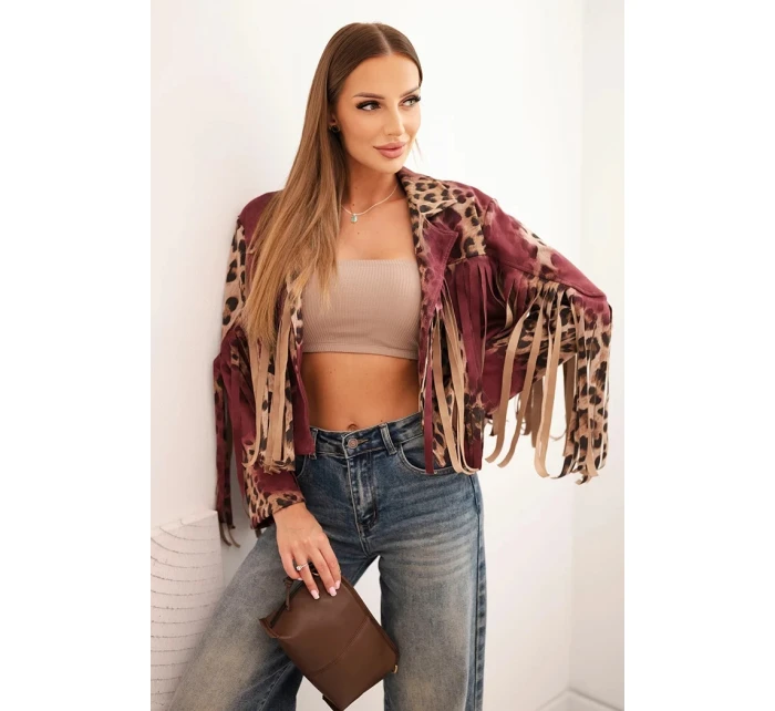 Dámská semišová bunda s třásněmi v leopardím vzoru bordová