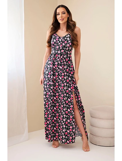 Dámské maxi šaty s květinovým vzorem na ramínkách s vázáním na zádech černá