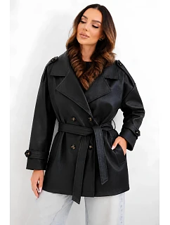 Dámský kabát z ekokůže model 22251656 v pase černý - K-Fashion