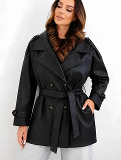 Dámský kabát z ekokůže model 22251656 v pase černý - K-Fashion