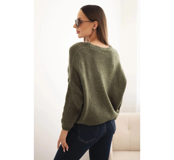 Dámský svetr s V výstřihem a knoflíky khaki Dámský svetr s V výstřihem a knoflíky khaki