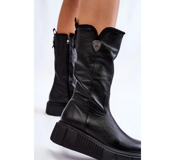 model 21605589 Kožené dámské kozačky s vlnou černé - Zazoo