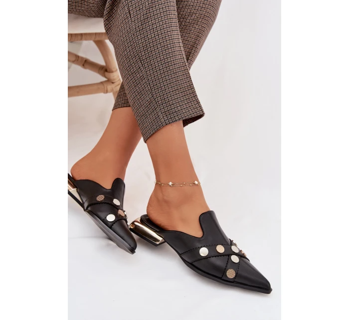 Kožené dámské nazouváky s ozdobnými pásky D&A model 22031828 Černé - S.Barski