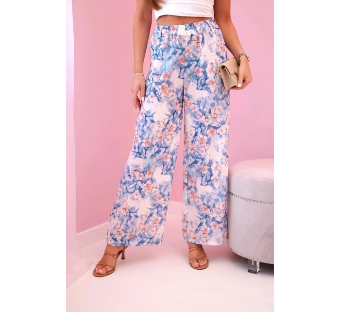Dámské široké kalhoty s květinovým potiskem modrý