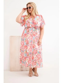 Dámské šaty Plus Size květinové s vázáním růžová